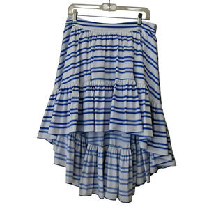 Caroline Constas Hi Low Skirt Size Large Blue White Stripe Ruffle Hem Cotton